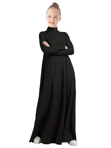 WSPLYSPJY High Neck Kids Girls Abaya Dress Solid Color Muslim Robe Prayer Clothes with Pockets Black for 13-14 Years