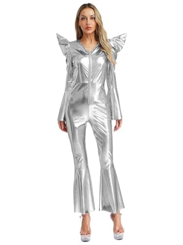 Lorilida Womens Shiny Metallic Disco Costumes 70s 80s Shoulder Pads Jumpsuit Dance Romper Silver Medium