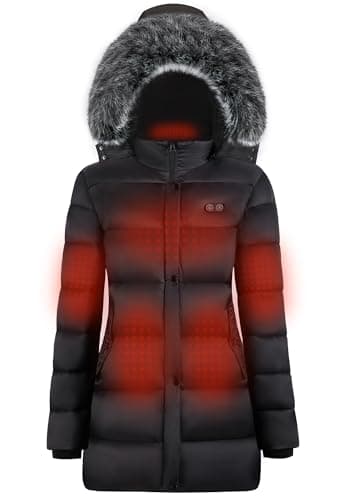 GOZTI Heated Jacket,Long Heated Jackets for Women with Battery Pack 7.4V, Womens Heated Jacket with Detachable Hood,Heated Coat (US, Alpha, Small, Regular, Regular, Black)