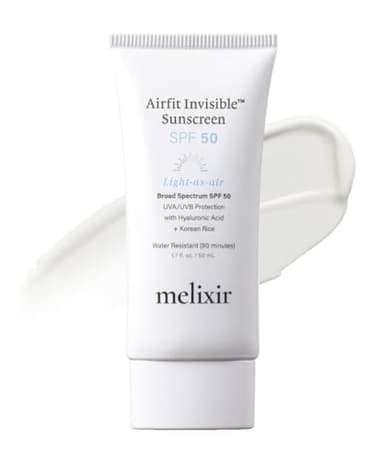 Melixir Airfit Invisible™ Sunscreen SPF 50, Broad Spectrum Korean Rice Sunscreen for Face, Hyaluronic Acid, Moisturizing Daily Protection for Sensitive Skin, No White Cast, Waterproof (1.7fl.oz./50ml)
