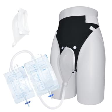 Wearable Urine Collector with Reusable Silicone Unit with Breathable Fixative Pant with Two Urinary Drainage Bags 2000ml 1000ml and 1.2m Catheter Soft Edge Spill Resistant, Elderly Men Black