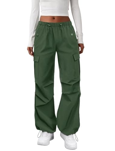 COPYLEAF Cargo Pants Women Elastic Waisted Parachute Hiking Pants with Pockets Water Resistant Lightweight Baggy Pants(Army Green M)