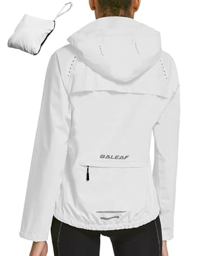 baleaf Women's Rain Jackets Waterproof Windbreaker Windproof Lightweight Running Cycling Jackets Reflective Packable Hooded White M