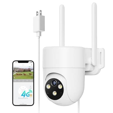LIWAN 4G LTE Cellular Security Camera Wired, No WiFi Security Camera Outdoor, Plug-in for 24/7 Recording, 360° View, 2K Color Night Vision, 2-Way Talk, Built-in SIM Card, White, 1 Pack