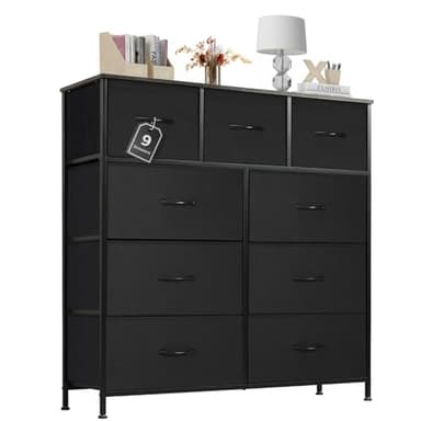Atilioo Dresser for Bedroom with 9 Drawers, Anti-Tip Tall Fabric Chests Storage Organizer Tower Furniture with Wooden Top Metal Frame for Clothes, Closet, Living Room, Hallway, Entryway