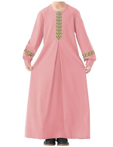 WSPLYSPJY Long Sleeve Abaya for Girls Muslim Islamic Dresses Kids Printed Maxi Prayer Clothes Robe Pink for 11-12 Years