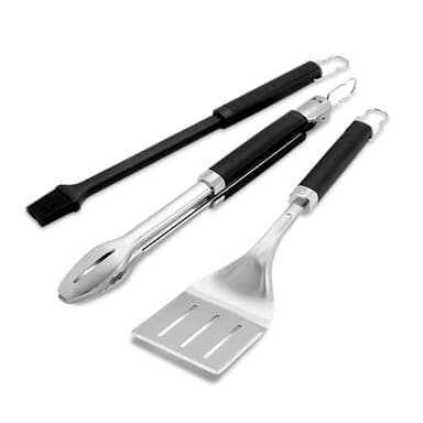 Weber Precision 3‑Piece Grilling Tool Set – Stainless Steel Tongs, Spatula & Silicone Basting Brush with Non‑Slip Handles and Hands‑Free Locking