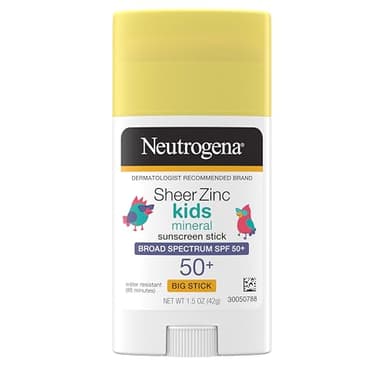 Neutrogena Sheer Zinc Oxide Kids Mineral Sunscreen Stick, SPF 50 Plus UVA/UVB Broad Spectrum Protection, Water-Resistant Sunscreen Stick, Gentle on Sensitive Skin, Dermatologist Recommended, 1.5 oz