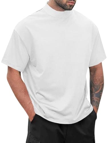 Wihion Men Turtleneck Mock Neck T Shirts Short Sleeve Ribbed High Neck T-Shirt Tee White