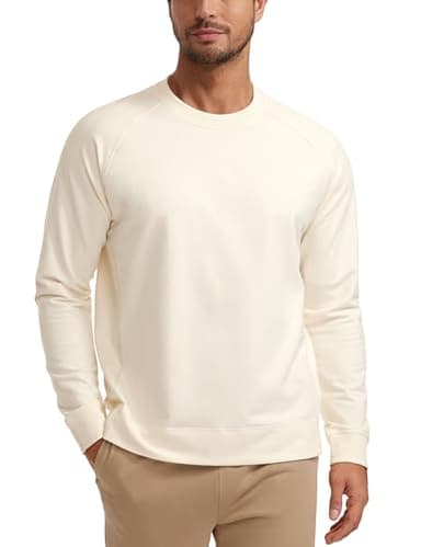 CRZ YOGA Mens Crewneck Sweatshirts French Terry Athletic Workout Sweat Shirts Casual Pullover Tops with Zipper Pocket White Apricot Medium