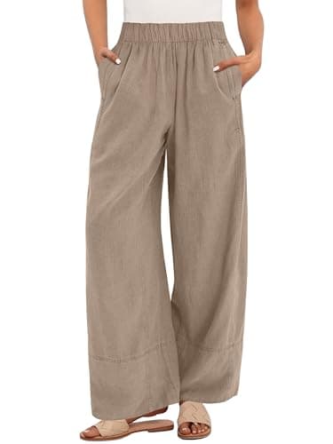 ANRABESS Women's Wide Leg Linen Pants Summer Boho Casual Elastic Waist Long Lounge Travel Pants Trousers with Pockets Light Khaki Medium