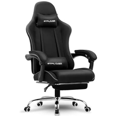 GTPLAYER Gaming Chair, Computer Chair with Footrest and Lumbar Support, Height Adjustable Game Chair with 360°-Swivel Seat and Headrest and for Office or Gaming (Faux Leather, Black)