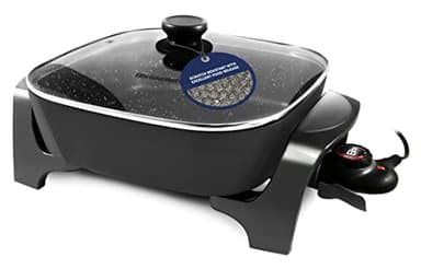 Elite Gourmet EG6201 Extra Deep 12"x12"x3.2" (7.5Qt.) Scratch Resistant Dishwasher Safe, Non-stick Electric Skillet with Glass Vented Lid, Adjustable Temperature, Black