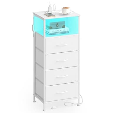 SONGMICS BELLAH Collection - Nightstand with Charging Station and App-Controlled Adjustable LED Lights, Bed Side Table, 4 Drawer and 1 Open Shelf, Bedroom, Cloud White and Snow White ULGS304WH01S