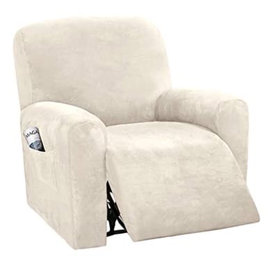 H.VERSAILTEX Velvet Stretch Recliner Couch Covers 4-Pieces Style Recliner Chair Covers Recliner Cover for Reclining Chair Slipcovers Feature Non Slip Form Fitted Thick Soft Washable, Ivory