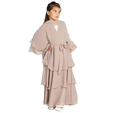 Kids Abayas Dress for Girls Muslim Dress with Hijab Eid Ramadan Chiffon Layered Open Abaya Dress Dubai Turkey Islamic Kaftan Robe Open Front Cardigan Dress Muslim Prayer Clothes Apricot 11-12 Years