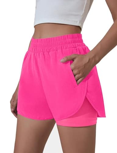 BMJL Women's Running Shorts Elastic Waistband High Waisted Pocket Sporty Workout Shorts Gym Athletic Shorts Pants(S,Hot Pink)