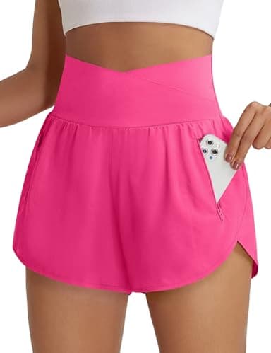 BMJL Women's Athletic Shorts High Waisted Running Short Pockets Gym Elastic Quick Dry Workout Shorts 2.5"(L,Hot Pink)