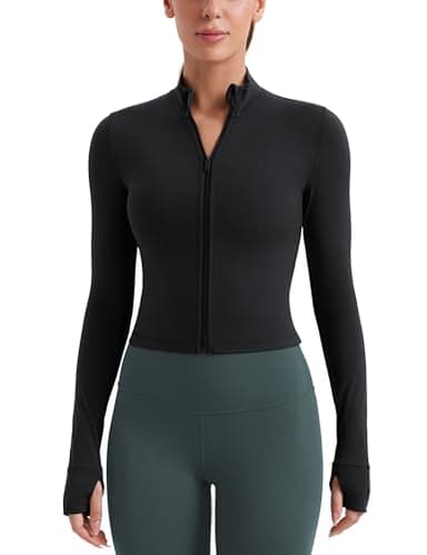 CRZ YOGA Womens Butterluxe Full Zip Cropped Workout Jacket Slim Fit Lightweight Athletic Yoga Tops with Thumb Holes Black Small