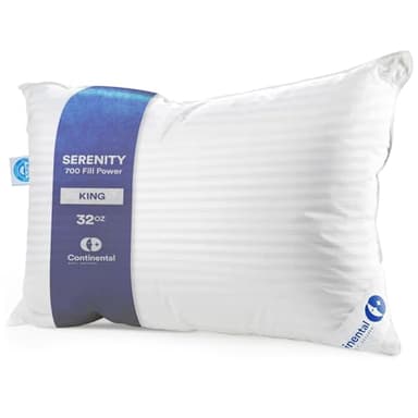 Continental Bedding Serenity Collection 700 Fill Power Hungarian Down Pillow in Low, Medium, Extra Loft - RDS Certified Down - Oeko-TEX 400TC Cotton - Standard, Queen, King