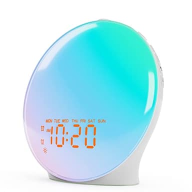 Wake Up Light Sunrise Alarm Clock for Bedroom, 17 Nightlights, Sound Machine with 5W Bluetooth Speaker, 25 Soothing Sounds, SleepTimer, Dual Alarms, FM Radio, Ideal Gift for Baby, Kids, Adults, Senior