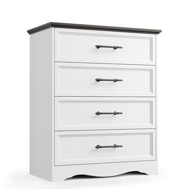 White Farmhouse Dresser for Bedroom, 36" Tall 4 Drawer Chest with Sleek Brushed Metal Handles, Modern Wood Storage Cabinet with Unique Base Design, Closet Organizer for Bedroom, Living Room, Hallway