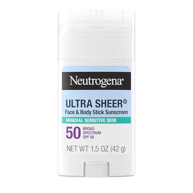 Neutrogena Ultra Sheer Dry Touch SPF 50 Mineral Sunscreen Stick for Sensitive Skin, Zinc Oxide, Body & Face Sunscreen with Vitamin E, No White Residue & Vegan, 1.5 oz