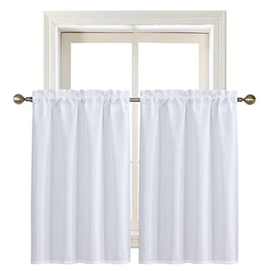 Home Queen White Water Resistant Bathroom Window Curtain, Waffle Textured Half Tier Curtains for Kitchen Cafe, 28" W X 45" L Inches, Set of 2