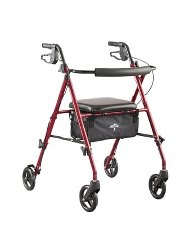 Medline Superlight Folding Aluminum Mobility Rollator Walker, Red, 250 lb. Weight Capacity, 6" Wheels, Adjustable Arms and Seat, Foldable Rolling Walker for Seniors