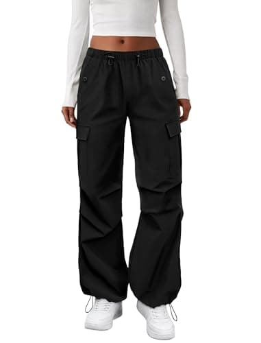 COPYLEAF Cargo Pants Women Elastic Waisted Parachute Hiking Pants with Pockets Water Resistant Lightweight Baggy Pants(Black L)