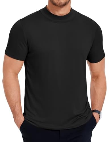 COOFANDY Mens Mock Turtleneck T-Shirts Short Sleeve Solid Color Basic Slim Fit Pullover Tees A-Black