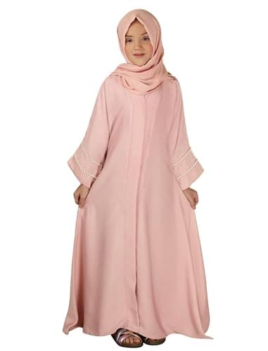 IDOPIP Muslim Dress for Girls Islamic Prayer Abaya with Hijab Ramadan Dubai Outfits Kids Long Sleeve Maxi Chiffon Cardigan Kaftan Robe Dresses Arabian Full Cover Modest Clothes Sets Pink 5-6 Years