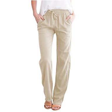 Womens Casual Linen Pants 2024 Spring Drawstring Elastic Waist Trousers with Pockets Lounge Fashion Vacation Clothing