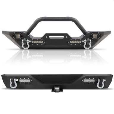 Partree Off-road Front and Rear Bumper Combo Fits for Jeep Wrangler TJ YJ 1987-2006, w/Winch Plate 2" Hitch Receiver D-Rings and Lights Carbon Steel Front and Rear Bumper Powder Coated Textured Black