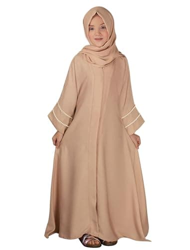 IDOPIP Muslim Dress for Girls Islamic Prayer Abaya with Hijab Ramadan Dubai Outfits Kids Long Sleeve Maxi Chiffon Cardigan Kaftan Robe Dresses Full Cover Modest Clothes Sets Champagne 5-6 Years