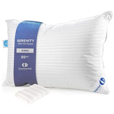 Continental Bedding | Serenity Goose Down Pillow | 700 Fill Power Hungarian White Down | 400TC Cotton Damask Shell | Made in USA | King, Soft with Protector