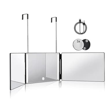 HIEEY 3 Way Mirror for Hair Cutting with LED,360 Trifold with Height Adjustable Telescoping Hooks,and 5X Magnification,for Makeup and Styling (Black)