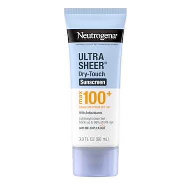 Neutrogena Ultra Sheer Dry-Touch Sunscreen Lotion, Max 100+ Broad Spectrum SPF 100 UVA/UVB Protection, Lightweight, Non-Greasy Sunscreen, Oxybenzone-Free, Antioxidant, Travel Size, 3 fl oz