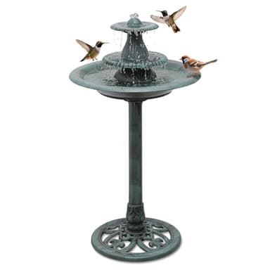 Athena Collection 37'' Height Bird Bath Vintage Pedestal Birdbath Electric Water Fountain with Recirculating Pump Polypropylene Floral Accents 3 Tier Birdbath for Outside, Patio, Garden, Green
