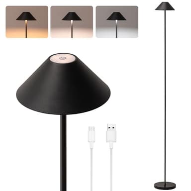 Rechargeable Floor Lamp for Indoor/Outdoor, Cordless Tall Standing Lamp with 3 Color Temps & Dimmable, IP43 Waterproof, Adjustable Height 16-59 Inch, LED Floor Lamp for Living Room, Patio(Black)