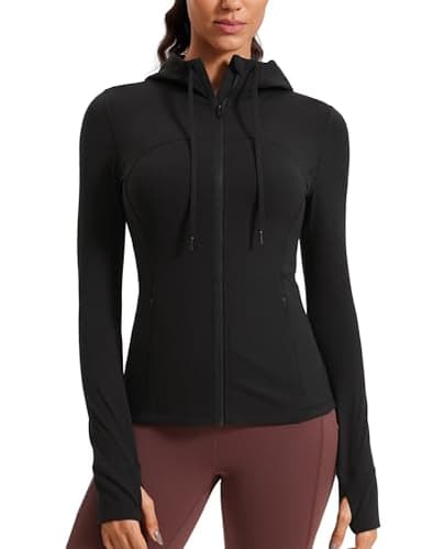 CRZ YOGA Butterluxe Womens Hooded Workout Jacket Athletic Running Zip Up with Back Mesh Vent and Thumb Holes Black X-Small