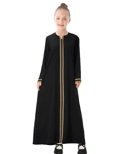 WSPLYSPJY Kids Girls Gold Embroidered Muslim Dress Abaya Long Sleeve Eid Robe Prayer Clothes Black for 11-12 Years