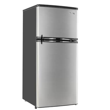 RecPro 4.4 Cu Ft RV Refrigerator | 12V Stainless Steel Fridge with Freezer | Frost-Free, Adjustable Shelves, Built-In Lock, Reversible Door | Off-Grid Ready Camper Fridge with Can Holder