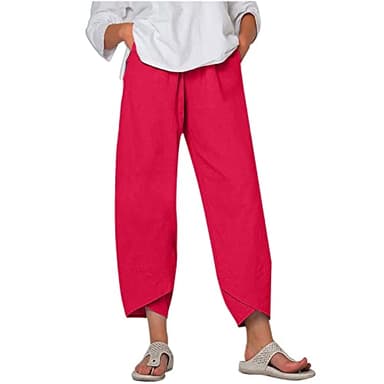 Capri Pants for Women Dressy Casual Travel Capri Pants Cotton Linen Wide Leg Capris Casual Summer Cropped Pants Beach Elastic Waist Baggy Crop Trousers