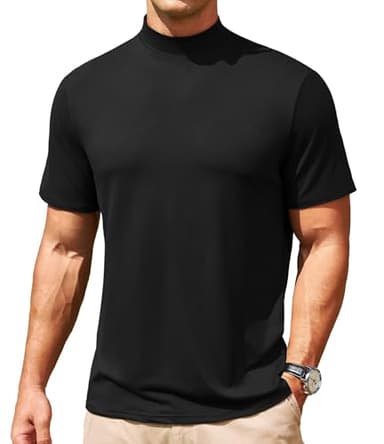 Men's Mock Turtleneck Short Sleeve Soft Lightweight Casual Basic T-Shirts Solid Pullover Tops Black