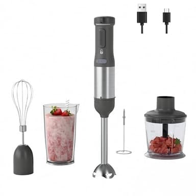 WHUTO Cordless Immersion Hand Blender, 5-in-1 Variable Speed blender handheld,Rechargeable with 2000mAh Battery, BPA-Free & Dishwasher-Safe Accessories:700ml Beaker,Chopper,Whisk & Milk Frother,Grey