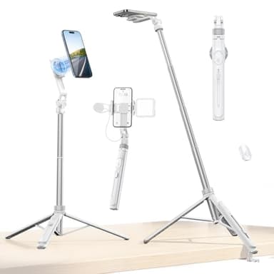 ULANZI TT88 Magnetic Tripod for iPhone 17, 57" Extendable Selfie Stick w Remote, 2-in-1 Phone Clip & Dual Cold Shoe Mounts-Lightweight Phone Tripod Stand for Vlogging, Travel, Video Recording, White