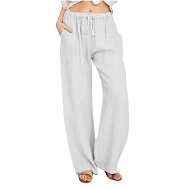 Womens Travel Pants Summer Pants 2023 Cotton Linen Elastic Waist Drawstring Wide Leg Ankle Length Lounge Pant with Pockets