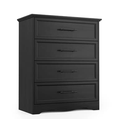 Black Dresser for Bedroom, Farmhouse 36" Tall 4 Drawer Chest with Sleek Brushed Metal Handles, Modern Wood Storage Cabinet with Unique Base Design, Closet Organizer for Bedroom, Living Room, Hallway