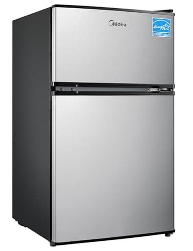 Midea WHD-113FSS1 Double Door Mini Fridge with Freezer for Bedroom Office or Dorm with Adjustable Remove Glass Shelves Compact Refrigerator, 3.1 cu ft, Stainless Steel